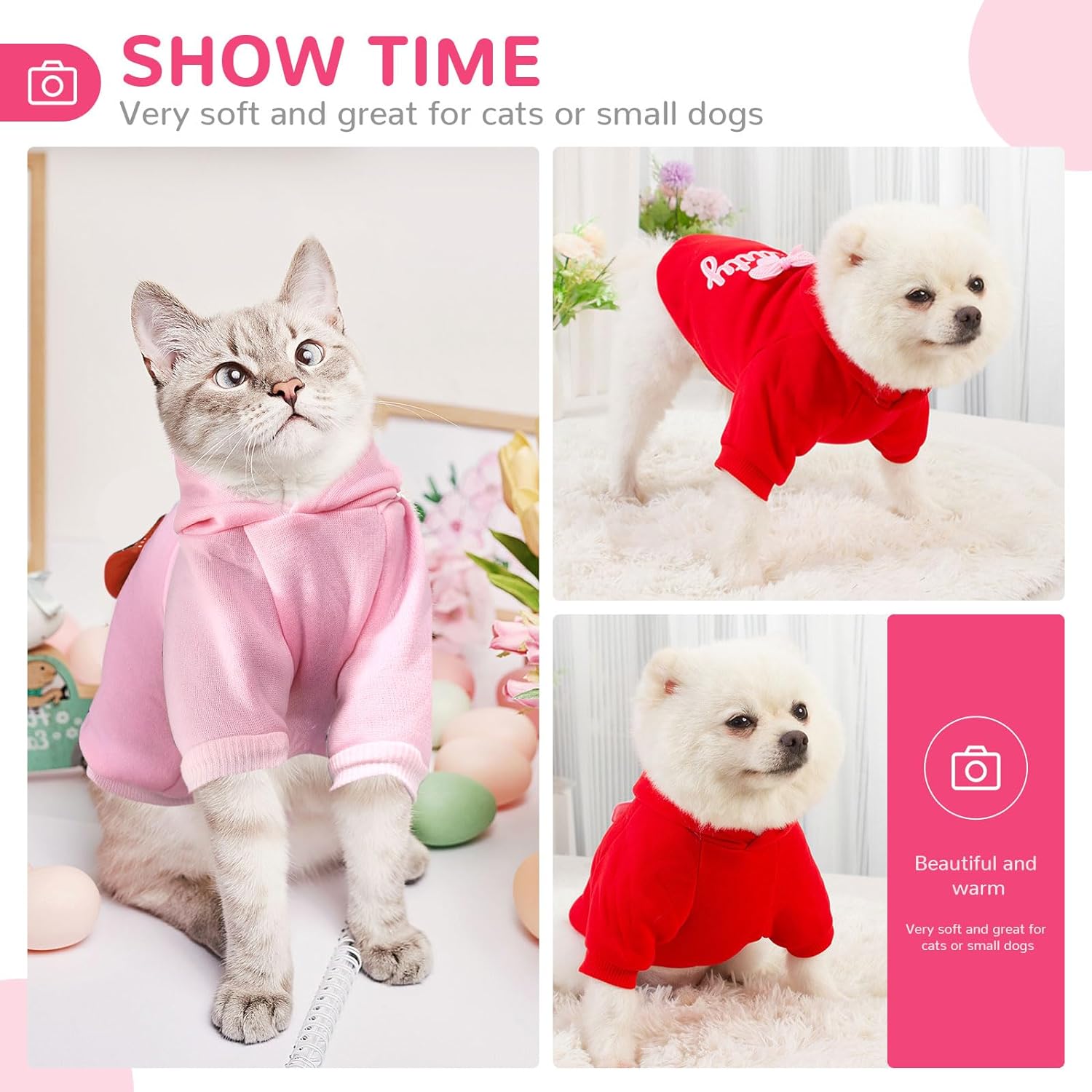 2 Pack Dog Hoodie with Hat Bowtie Girl Dog Sweatshirt with Leash Hole Soft Warm Pet Clothes Sweaters Dog Jacket Puppy Coat Doggie Apparel for Fall Winter Small Dogs Cats(Pink+Red,X-Small)