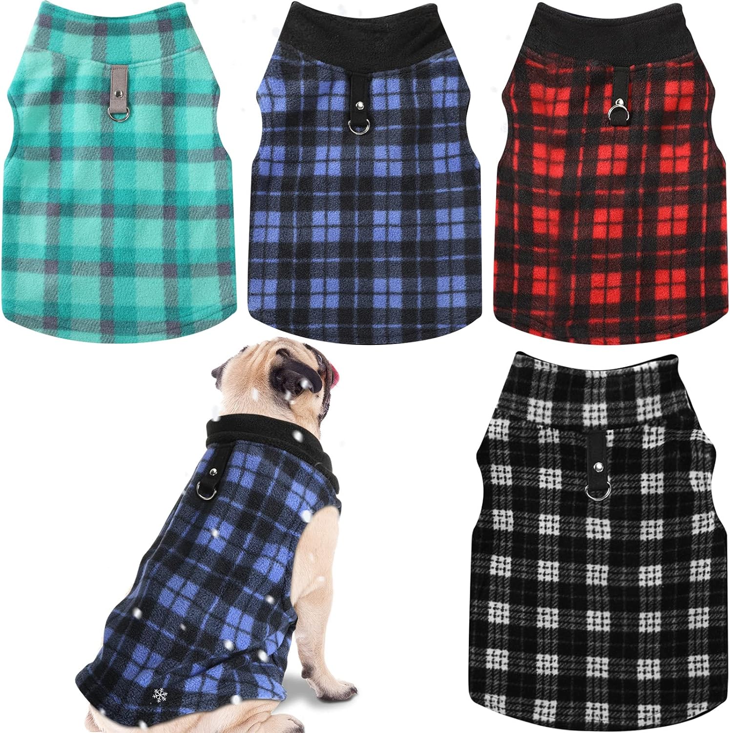 4 Pieces Winter Fabric Dog Sweater with Leash Ring Fleece Vest Dog Pullover Jacket Warm Pet Dog Clothes for Puppy Small Dogs Cat Chihuahua Boy (Plaid Pattern, L)