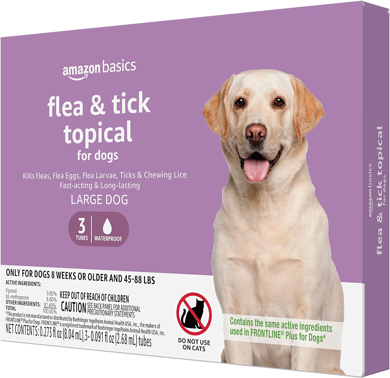 Amazon Basics Flea and Tick Topical Treatment for Large Dogs (45-88 pounds), Unscented, 3 Count (Previously Solimo)