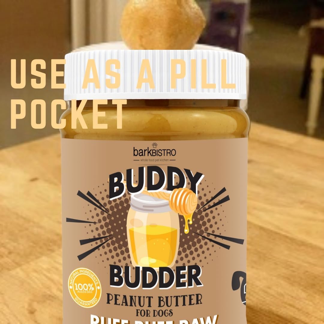BUDDY BUDDER Bark Bistro, 100% Natural Dog Peanut Butter Treats, Dog Enrichment, Pill Pocket, Made in USA, (17 oz Jars)