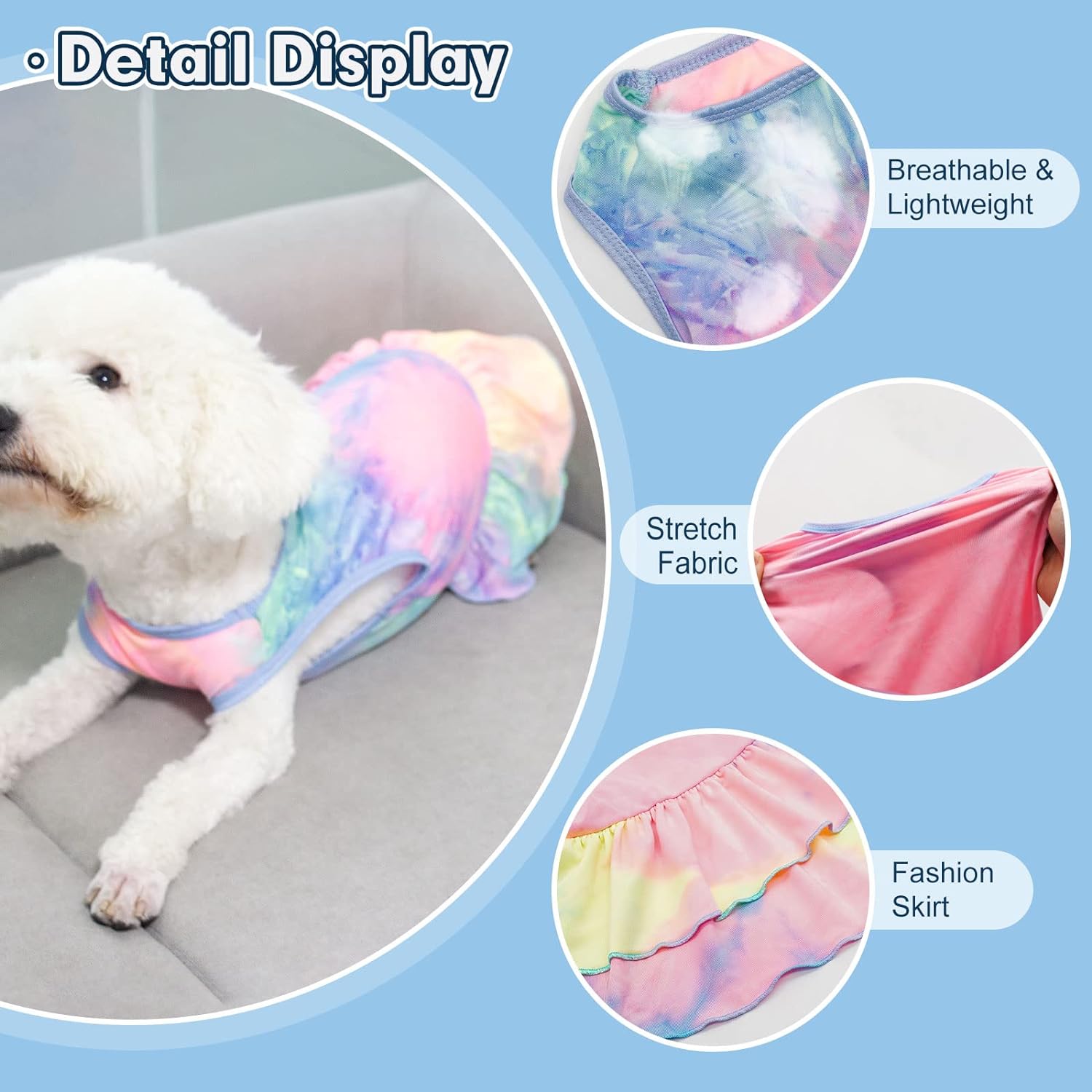 cyeollo 2 Pack Dog Dress Stretchy Tie Dye Dresses Breathable Pet Summer Girl Dog Clothes for Small Dogs