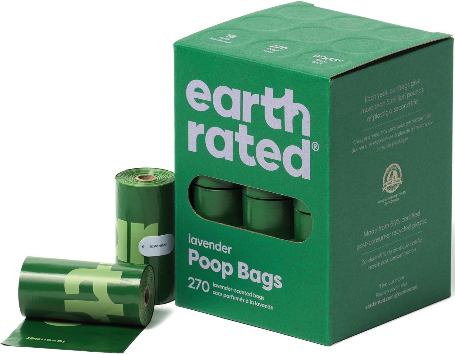 Earth Rated Dog Poop Bags - Leak-Proof and Extra-Thick Pet Waste Bags for Big and Small Dogs - Refill Rolls - Lavender Scented - 270 Count