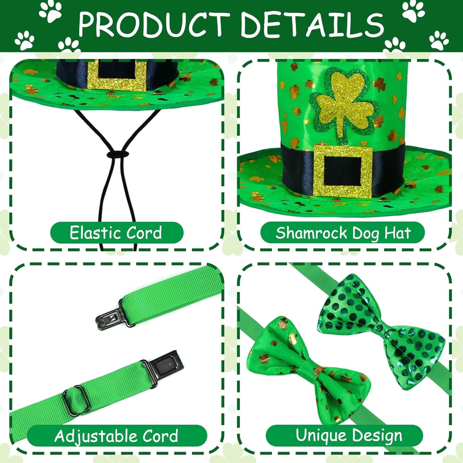 GOYOSWA GOYOSWA 3 PCS Dog St. Patricks Day Outfit, St Patricks Day Dog Clothes Green Shamrock Dog Hat Dog Bow Tie Collar for Small Medium Large Dogs (Dog Hat  2 Bow Tie)