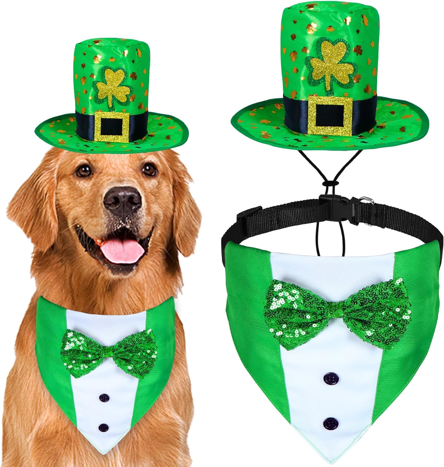 GOYOSWA GOYOSWA 3 PCS Dog St. Patricks Day Outfit, St Patricks Day Dog Clothes Green Shamrock Dog Hat Dog Bow Tie Collar for Small Medium Large Dogs (Dog Hat  2 Bow Tie)