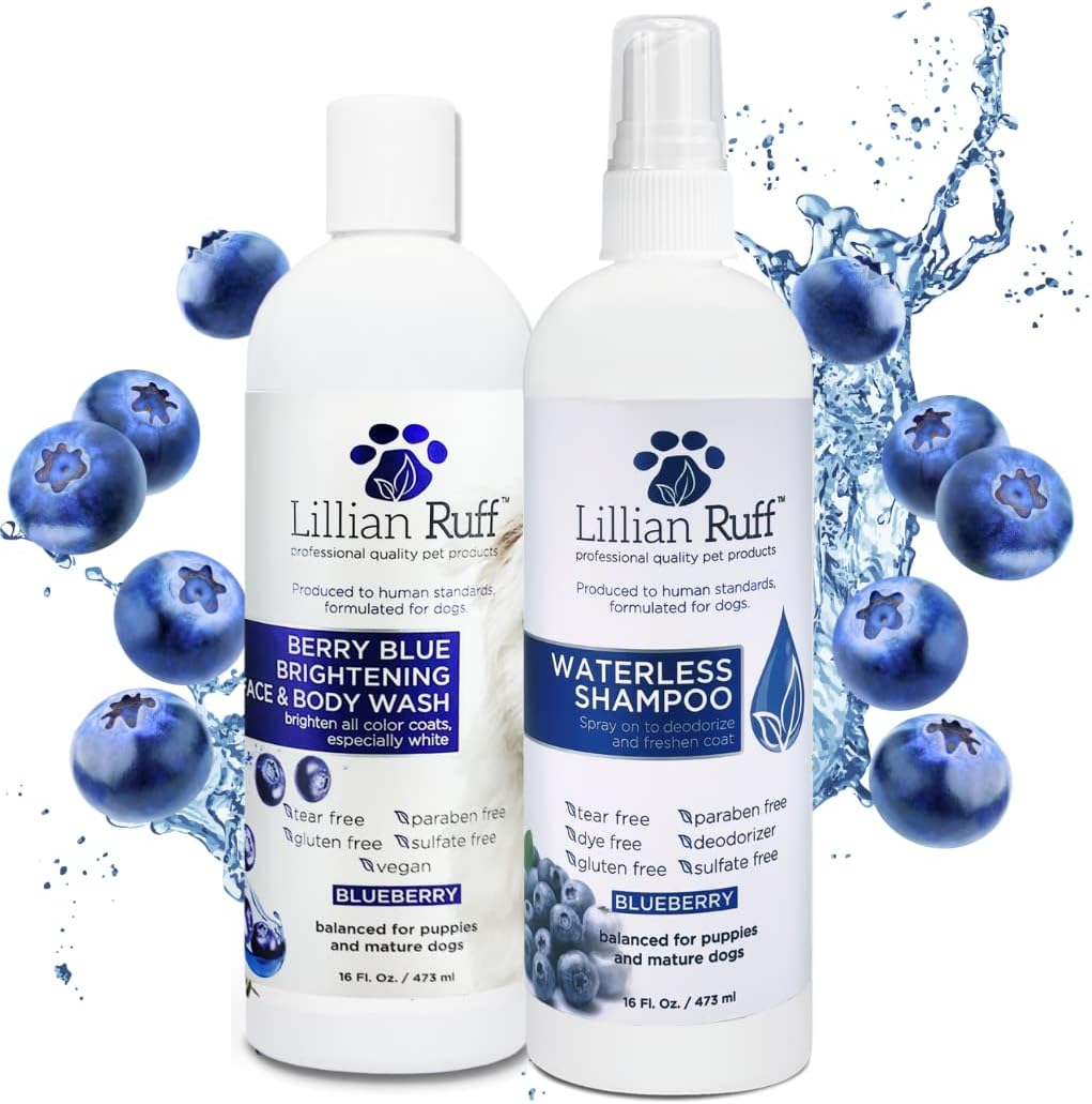 Lillian Ruff Berry Blue Brightening Face and Body Wash for Dogs - Blueberry Shampoo - Remove Tear Stains, Hydrate Dry Itchy Skin, Add Shine  Luster to Coats (Berry Blue Shampoo  Conditioner Set)