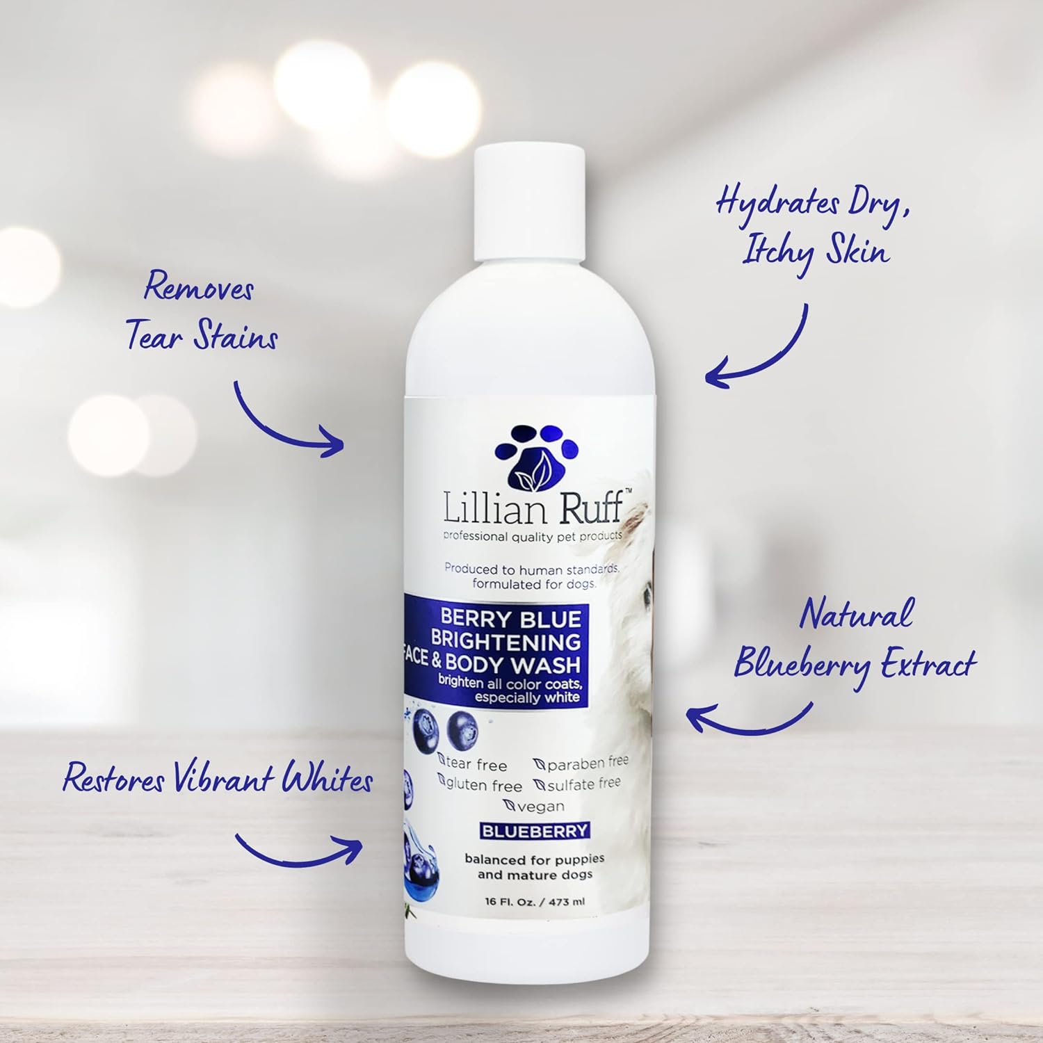 Lillian Ruff Berry Blue Brightening Face and Body Wash for Dogs - Blueberry Shampoo - Remove Tear Stains, Hydrate Dry Itchy Skin, Add Shine  Luster to Coats (Berry Blue Shampoo  Conditioner Set)