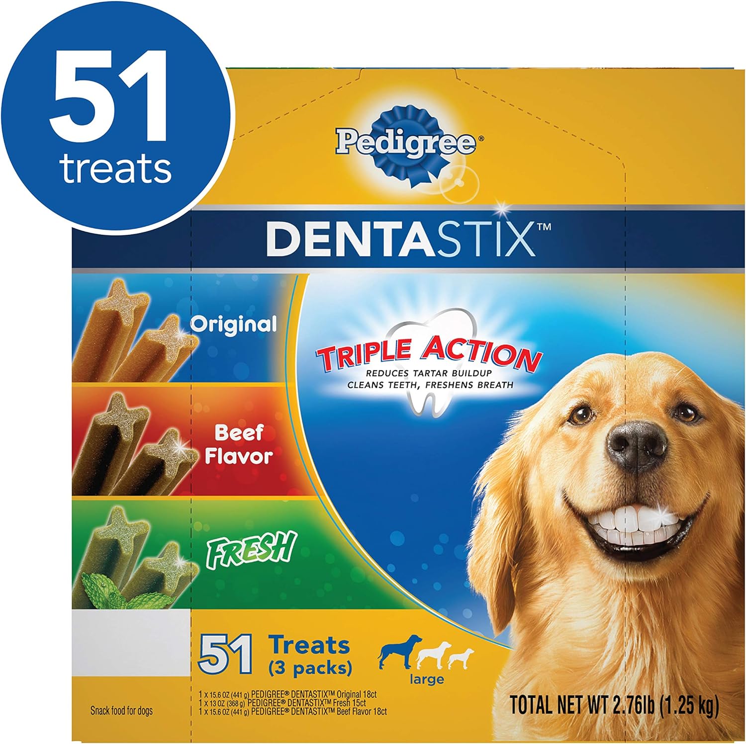 PEDIGREE DENTASTIX Large Dog Dental Care Treats Original, Beef  Fresh Variety Pack, 2.73 lb.Pack (51 Treats)