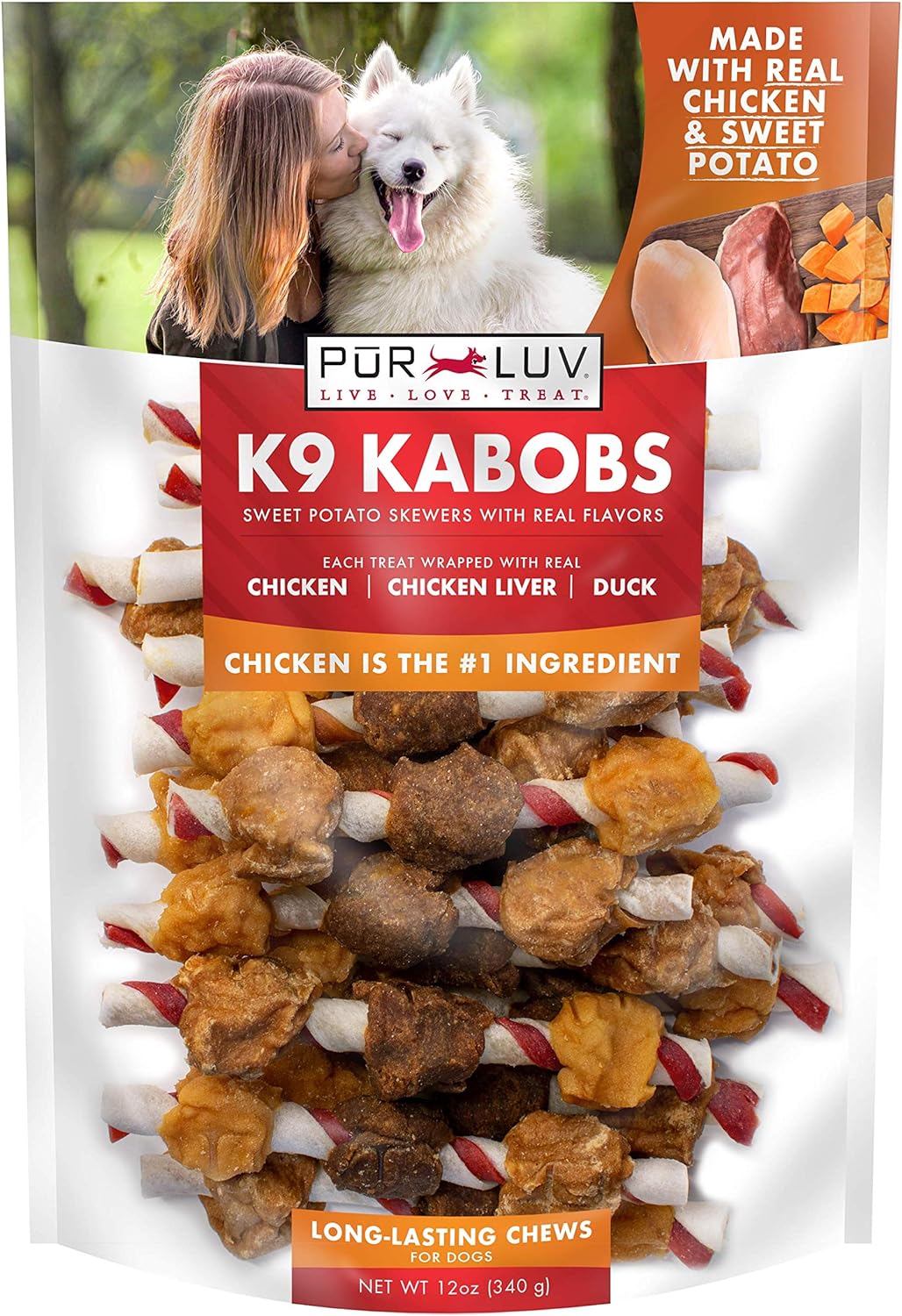 Pur Luv K9 Kabob Dog Treats, Made with Real Chicken, Duck and Sweet Potato, Healthy, Easily Digestible, Long Lasting, and High Protein, 12 oz