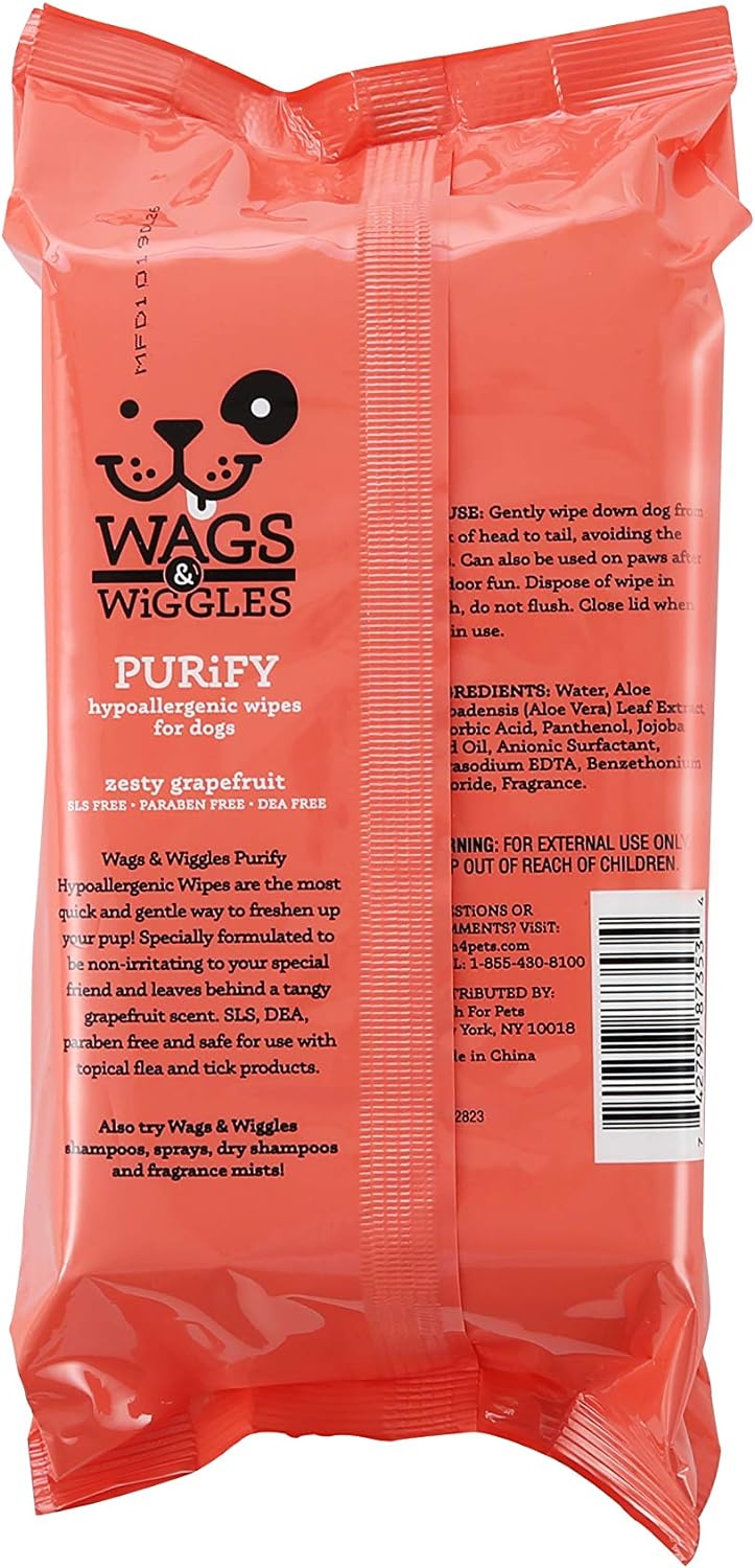 Wags  Wiggles Purify Hypoallergenic Wipes for Dogs | Gently Clean  Condition Your Dogs Coat Without A Bath | Zesty Grapefruit Scent Your Dog Will Love, 100 Count