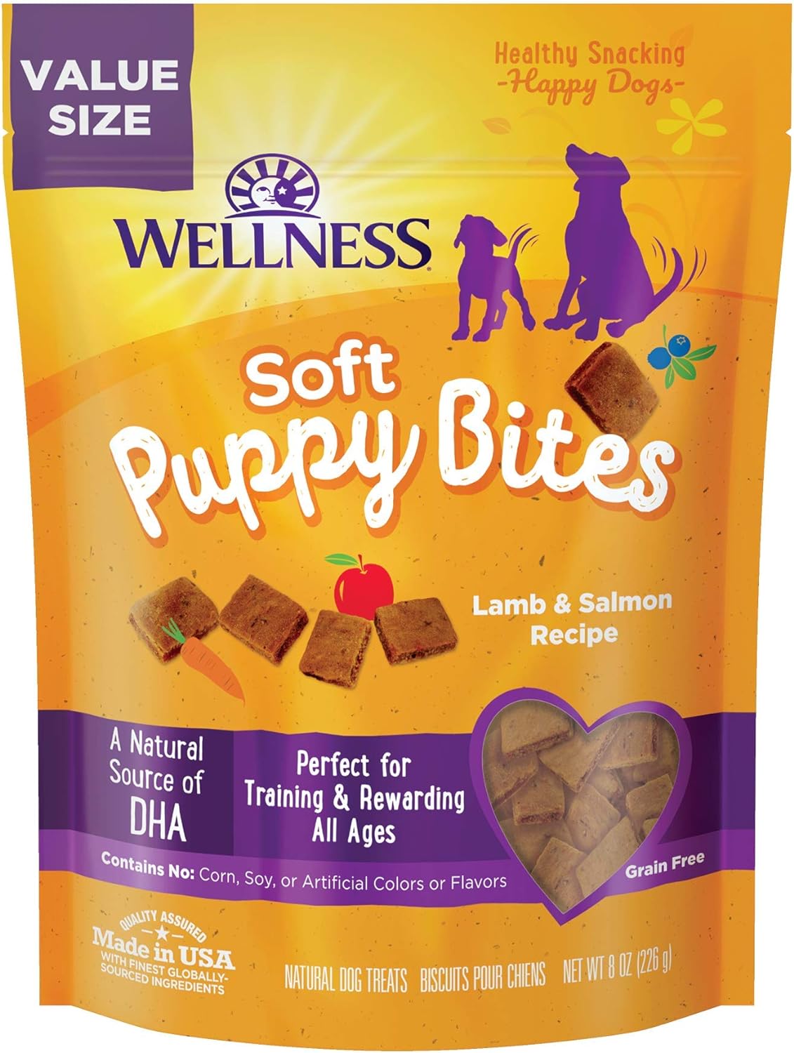 Wellness Soft Puppy Bites Natural Grain-Free Treats for Training, Dog Treats with Real Meat and DHA, No Artificial Flavors (Lamb  Salmon, 8-Ounce Bag)
