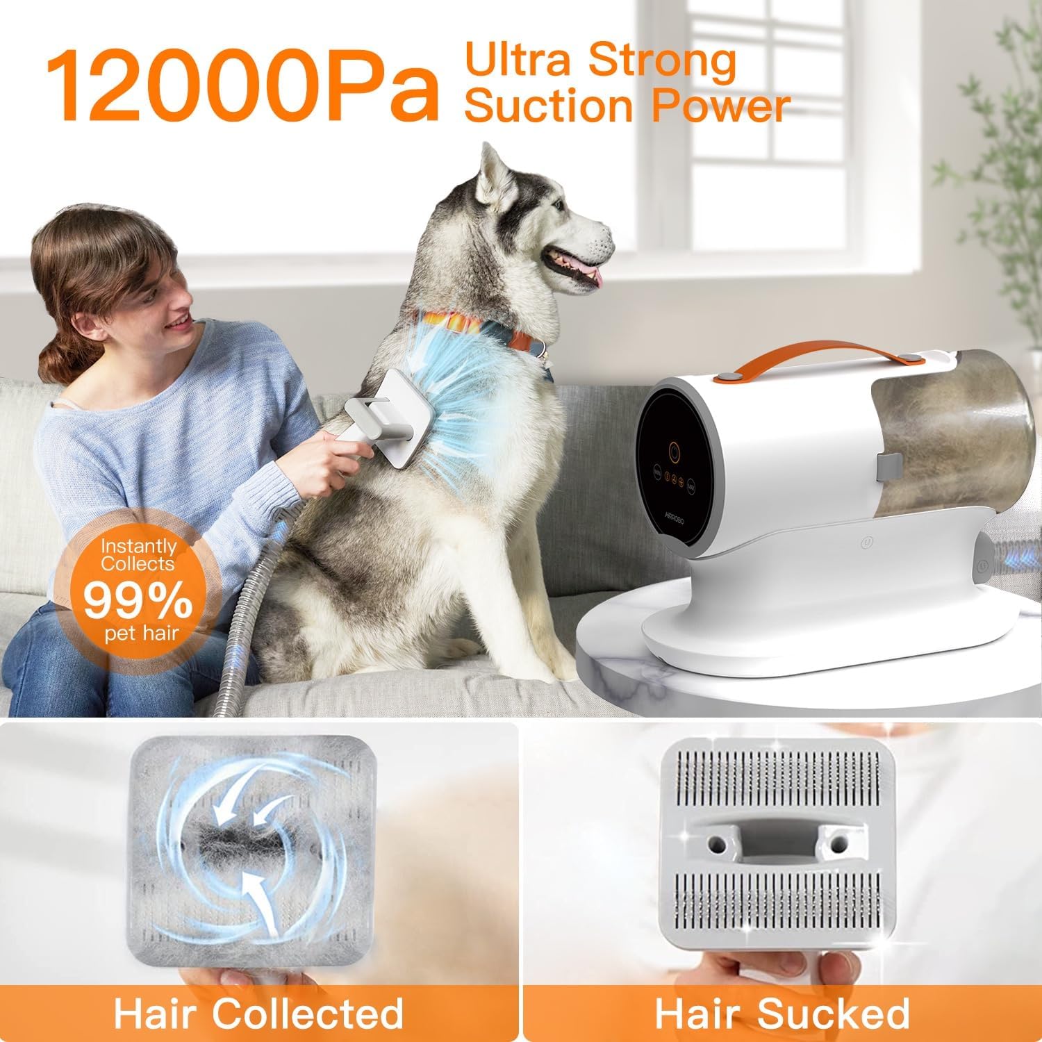 AIRROBO Dog Hair Vacuum  Dog Grooming Kit, 12000Pa Strong Pet Grooming Vacuum, 2L Large Capacity Dog Vacuum for Shedding Grooming Hair, Quiet, 5 Pet Grooming Tools, PG100