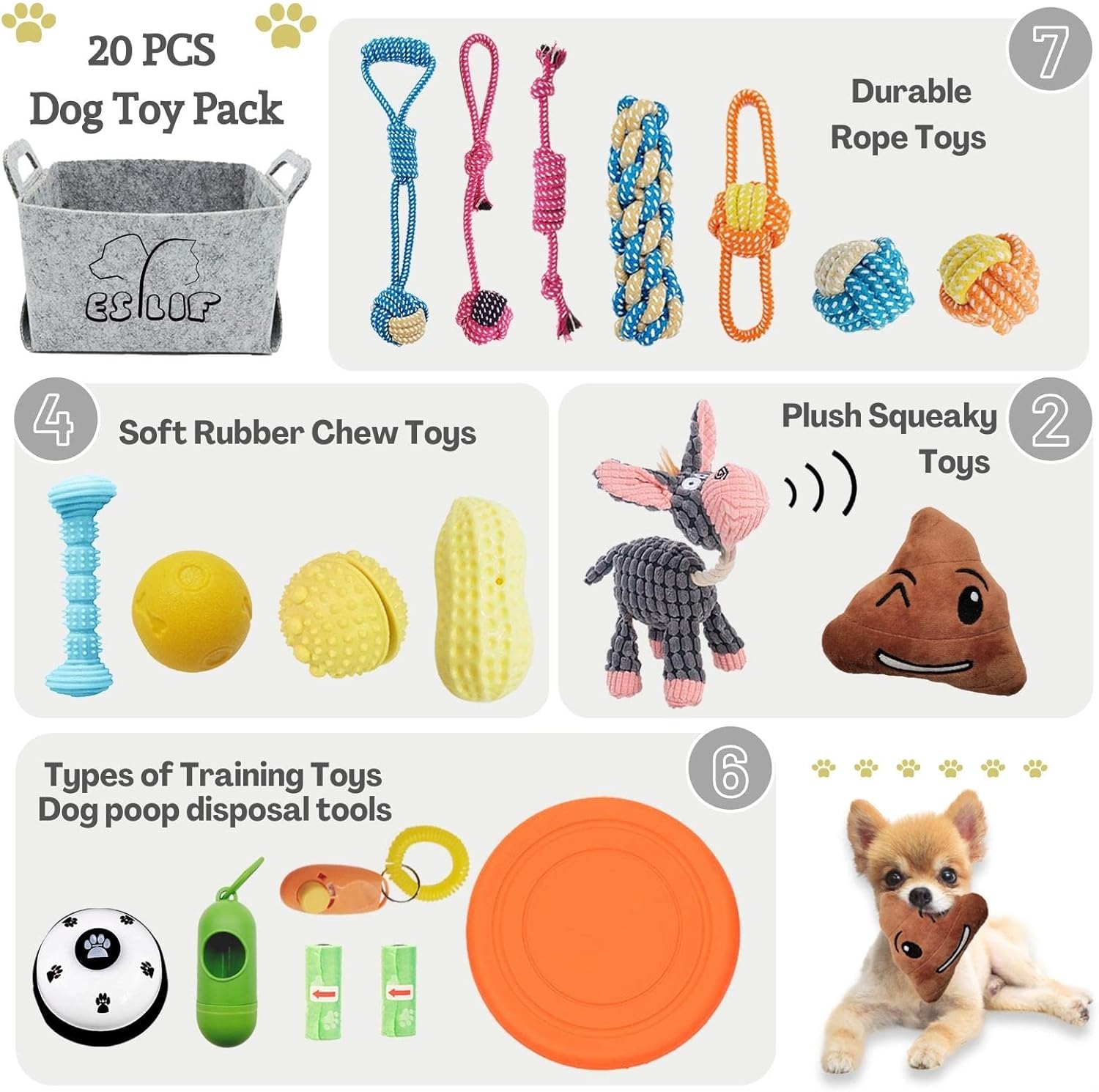 ESYLIF Dog Chew Toys for Teething,Boredom,Toothbrush,20 Pack Puppy Toys with Rope Toys, Treat Balls and Squeaky Toys for Small/Medium Breeds