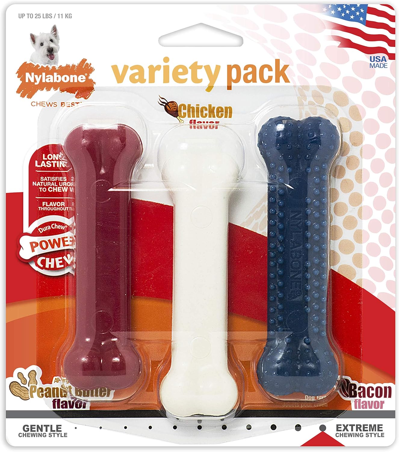 Nylabone Power Chew Toys Variety Triple Pack - Dog Toys for Aggressive Chewers - Indestructible Dog Bones for Small Dogs - Chicken, Bacon  Peanut Buter Flavors, Small/Regular (3 Count)