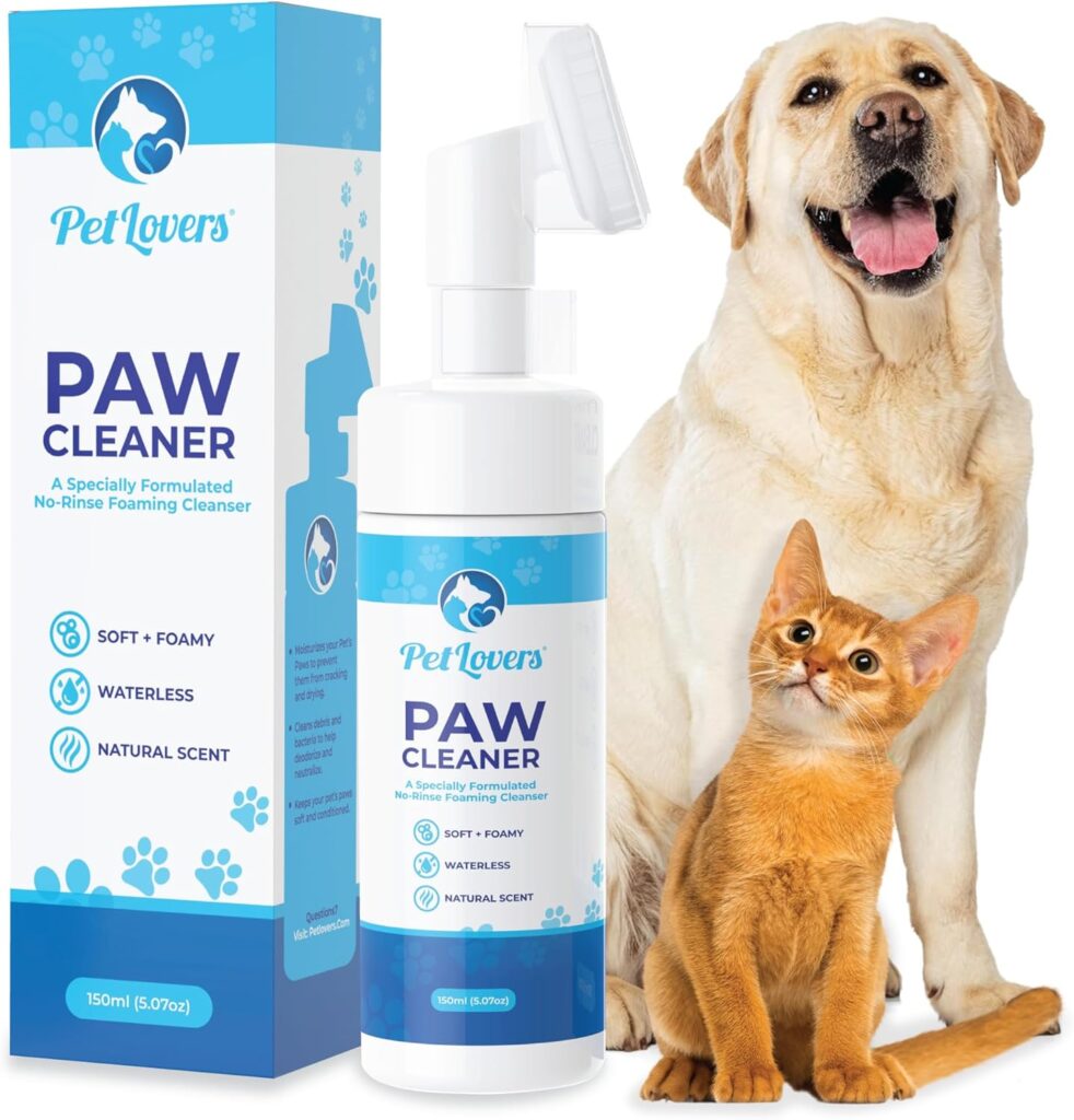 PetLovers No-Rinse Dog Cat Paw Cleaner - Waterless Foaming Cleanser with Silicone Brush - Gentle, Natural Unscented Deep Cleaning Moisturizing Paw Cleaner for Dogs - Helps with Dryness Cracking