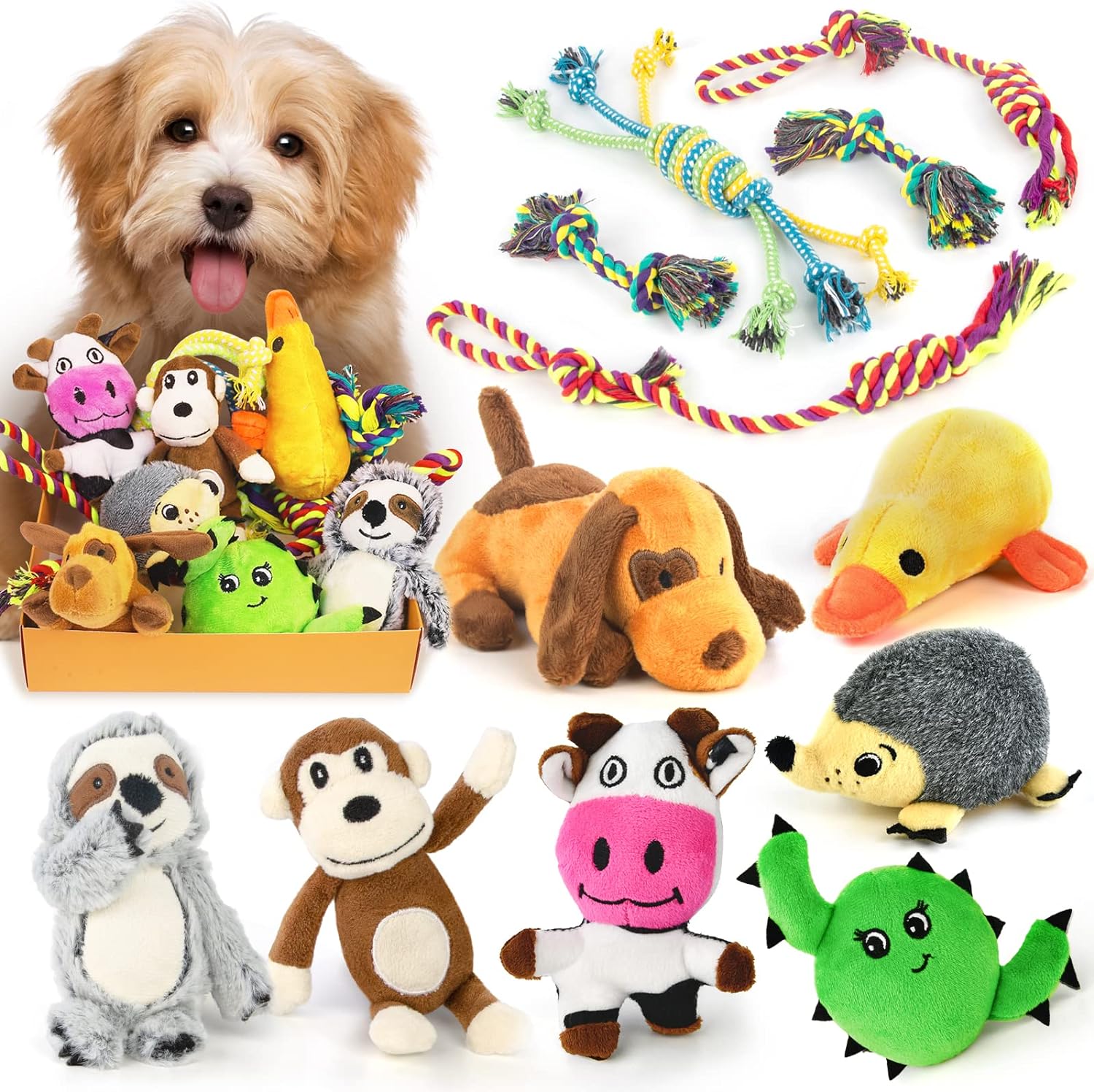 Dog Squeaky Toys For Small Dogs, Puppy Toys For Teething Cute Small Dog Toys Stuffed Plush Dog Toy Bundle Natural Cotton Puppy Rope Toy Dog Chew Toys For Puppies Pet Toys For Dogs (12 PACK PUPPY TOYS)