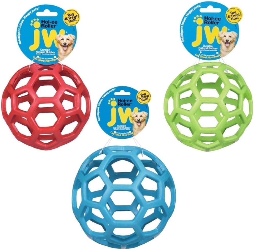 JW Pet Hol-ee Roller Dog Toy Puzzle Ball, Natural Rubber, Medium (4.5 Inch Diameter), Colors May Vary