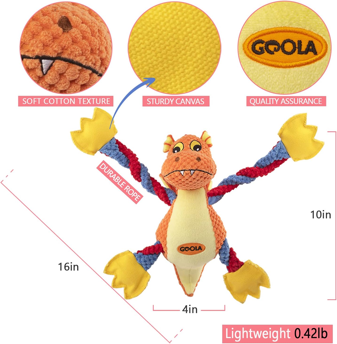 Dog Squeaky Toys, Cute Dragon Interactive Plush Stuffed Toy with 5 Squeakers and Crinkle Paper,Pet Rope Chew Toy for Puppy Small Medium Large Breed Dogs