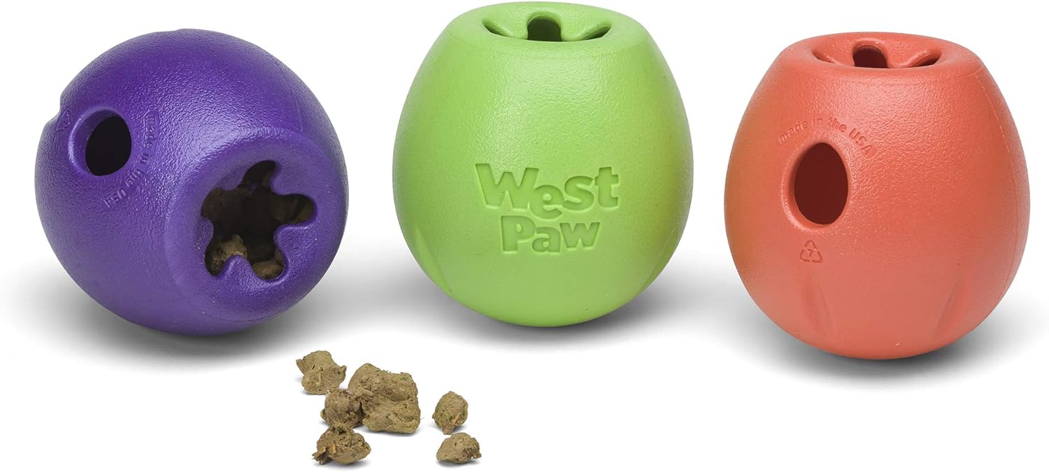 West Paw Zogoflex Rumbl Treat-Dispensing Dog Toy – Interactive Slow-Feeder Chew – Enrichment Toy Moderate Chewers, Fetch, Catch – Holds Kibble, (Eggplant, Large)