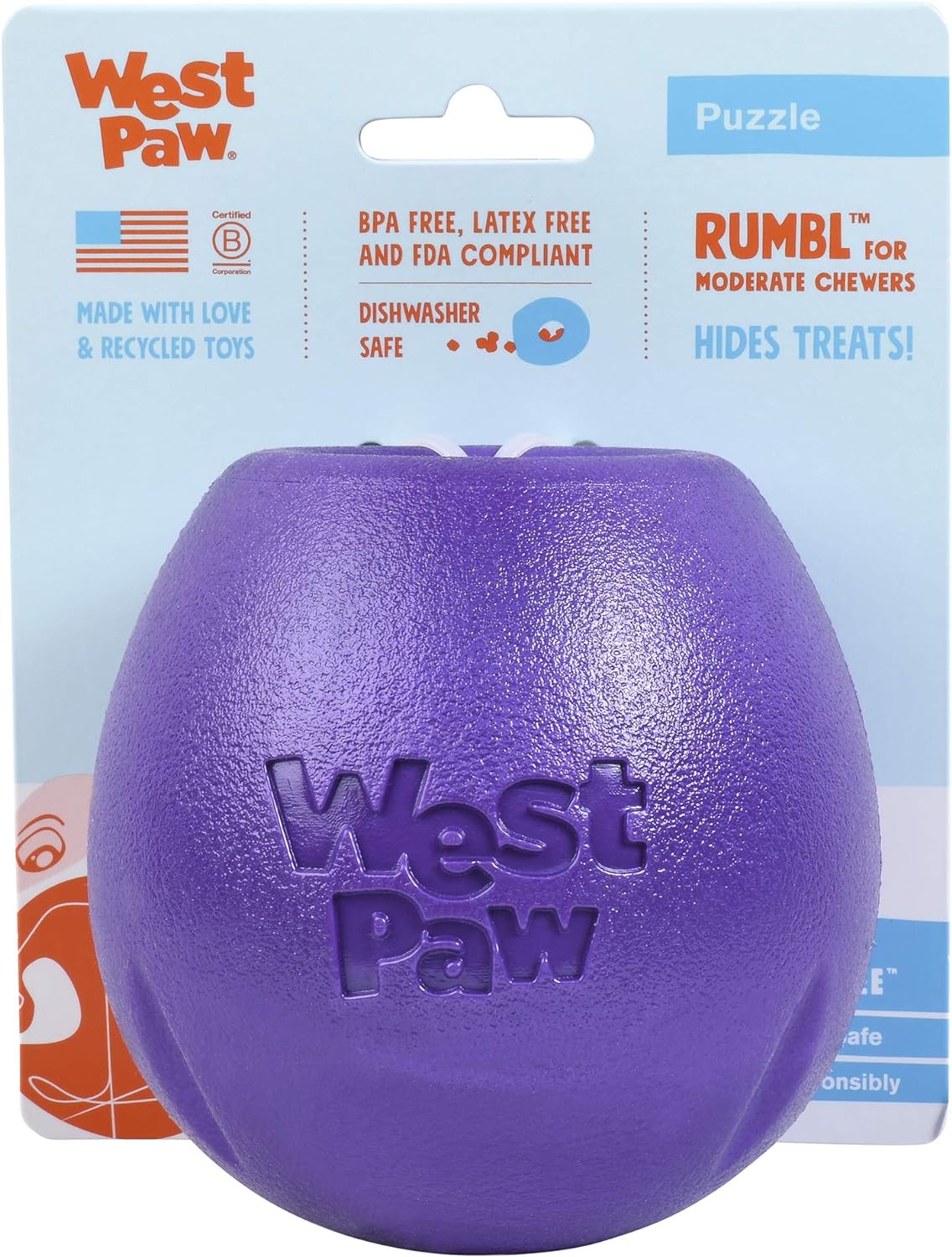 West Paw Zogoflex Rumbl Treat-Dispensing Dog Toy – Interactive Slow-Feeder Chew – Enrichment Toy Moderate Chewers, Fetch, Catch – Holds Kibble, (Eggplant, Large)